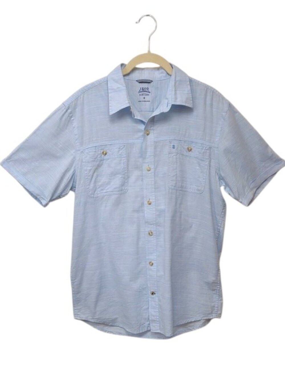 Izod Saltwater Men Relaxed All Cotton 2 Button Pockets BU Lt Blue Striped Shirt